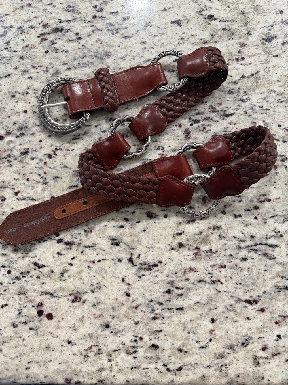 Brighton Vintage Braided Brown Leather Belt with Silver Accents - Women